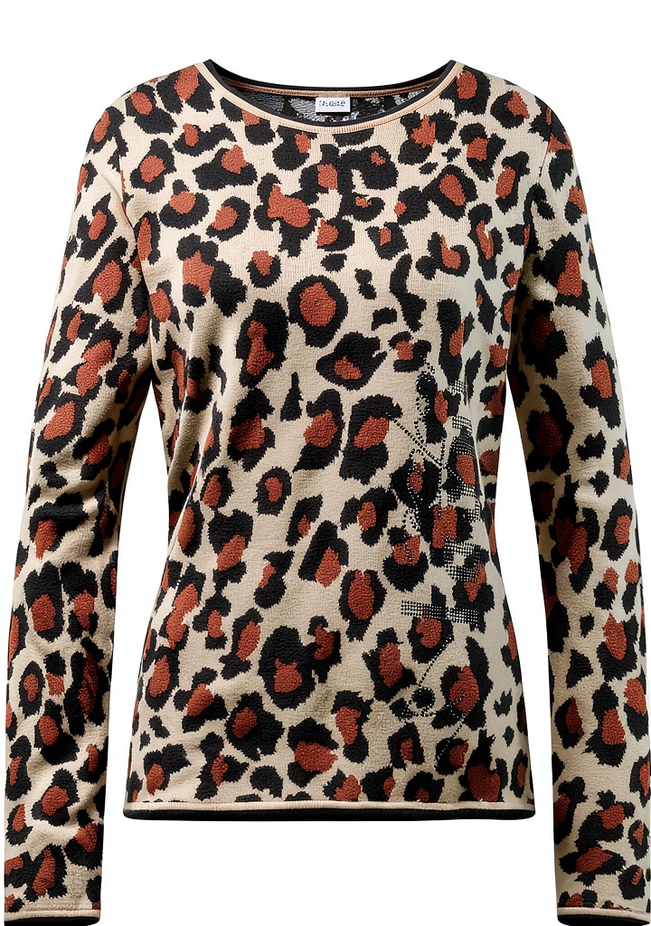 Femme portant le pull Rabe imprimé animal avec strass dans un cadre urbain