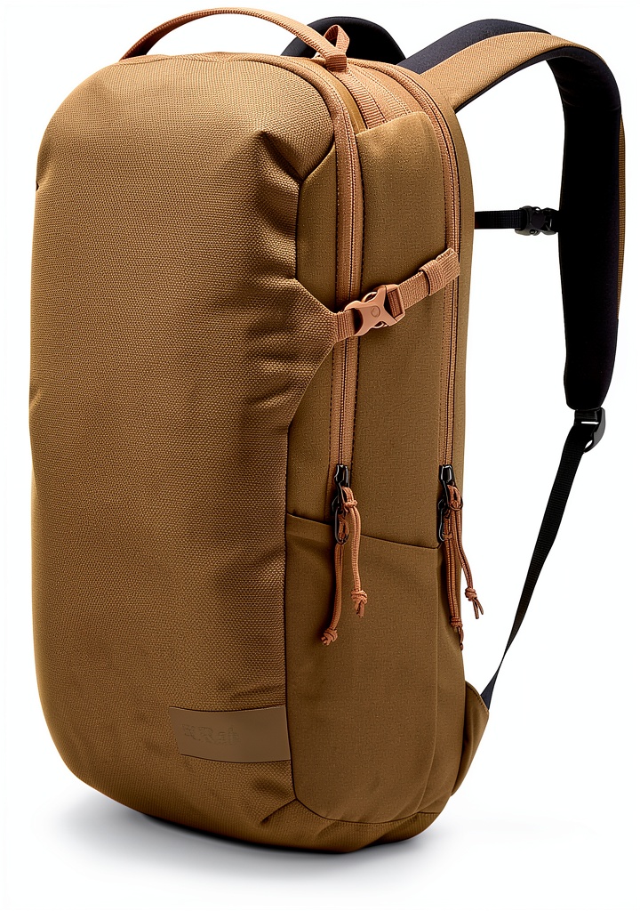 Installation du sac à dos Rab minimaliste imperméable pour ordinateur sur un bureau en bois
