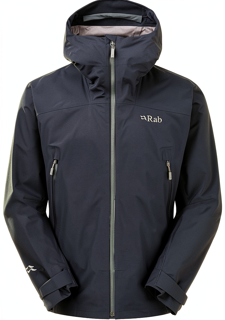 Veste de pluie Rab portée en randonnée montagneuse
