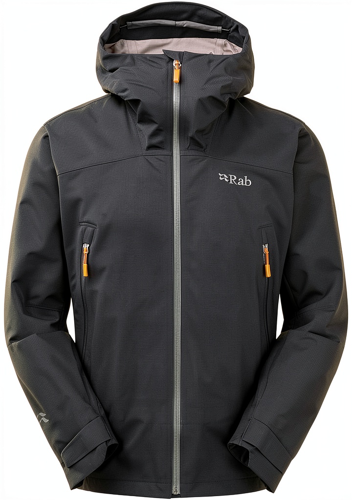 Veste de pluie Rab portée en randonnée en colline