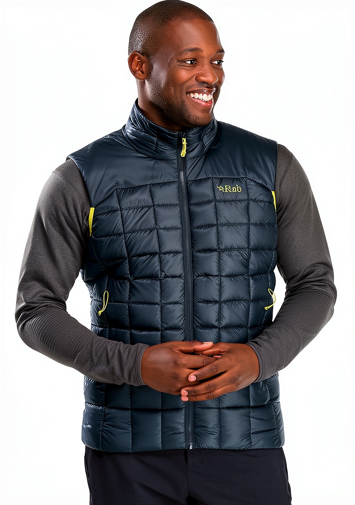 Installing Gilet RAB sans manche fermeture éclair Orion Bleu homme on a wooden desk